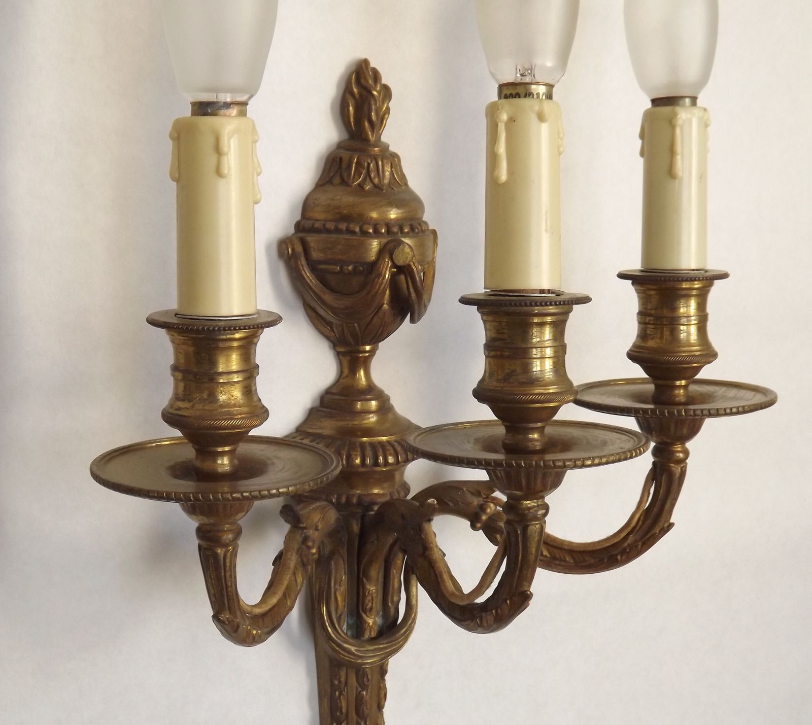 photo buy Magnificent Pair French Antique Bronze Triple Wall Lights Urn & Swag Detail