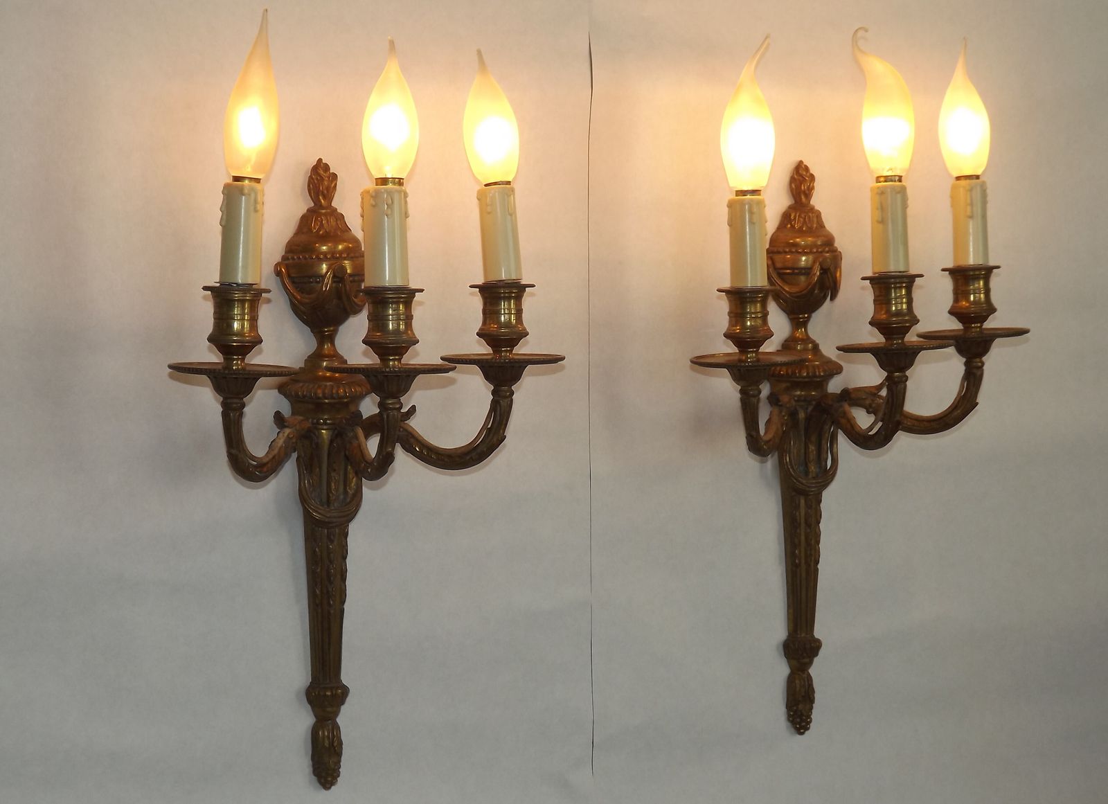 Magnificent Pair French Antique Bronze Triple Wall Lights Urn & Swag Detail photo furniture