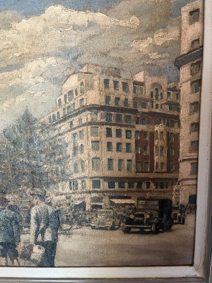photo furniture Oil Painting Of Park Lane, London By Leslie Woollaston Dated 1939 Signed/Framed