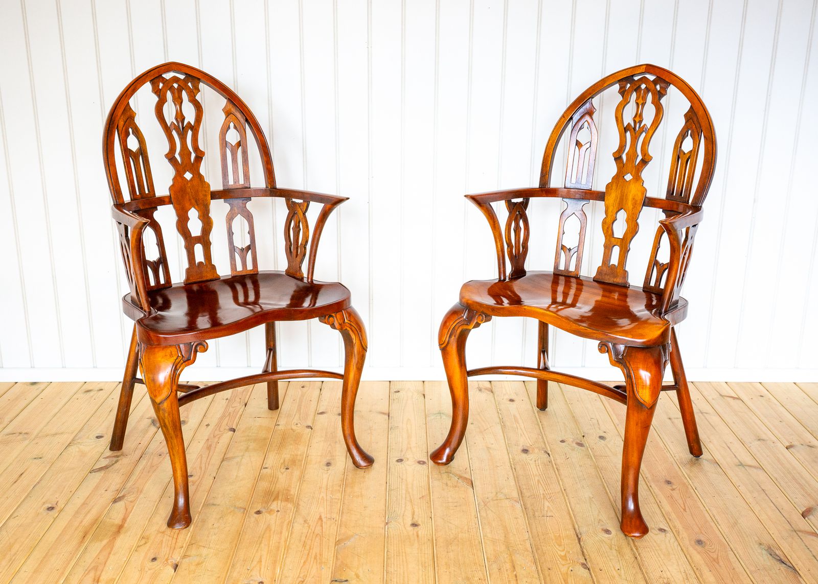 photo buy Pair Of Gothic Windsor Armchairs Steeple Back Strawberry Hill Thames Valley Gothi.C Revival Carved Theodore Alexander Fine Country House