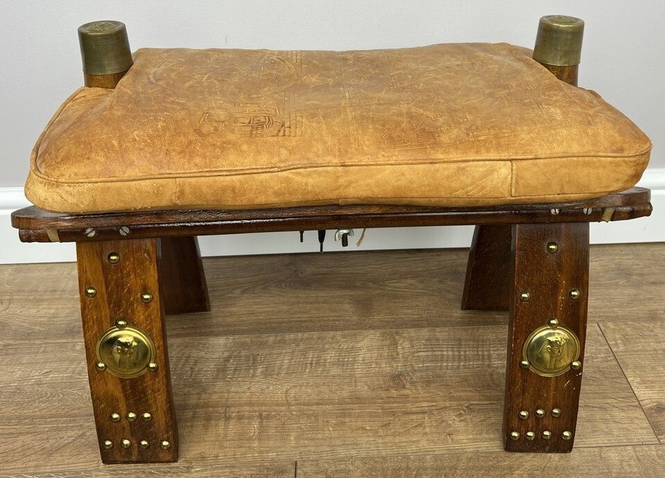 Footstool Vintage Style Oak Stool Brass Upholstered Leather Seat Lot 4957 photo for sale
