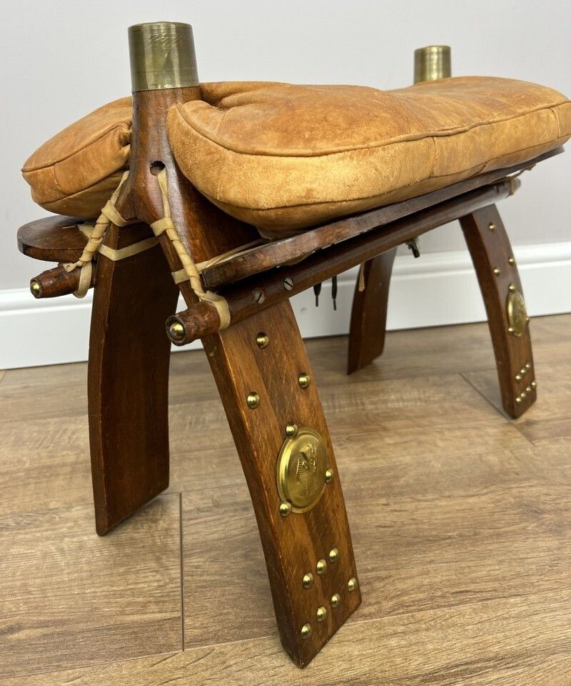 Footstool Vintage Style Oak Stool Brass Upholstered Leather Seat Lot 4957 photo buy