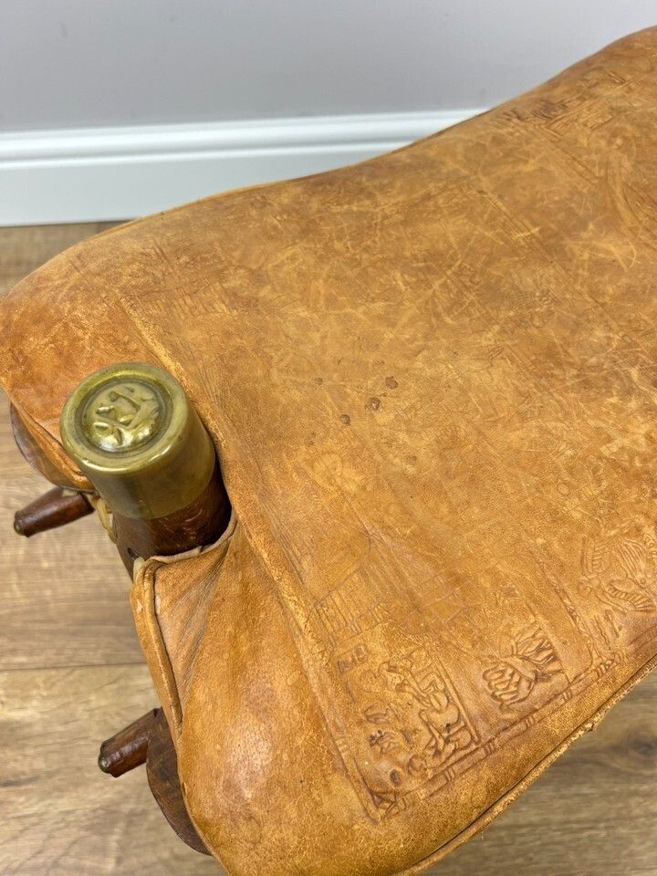 photo buy Footstool Vintage Style Oak Stool Brass Upholstered Leather Seat Lot 4957