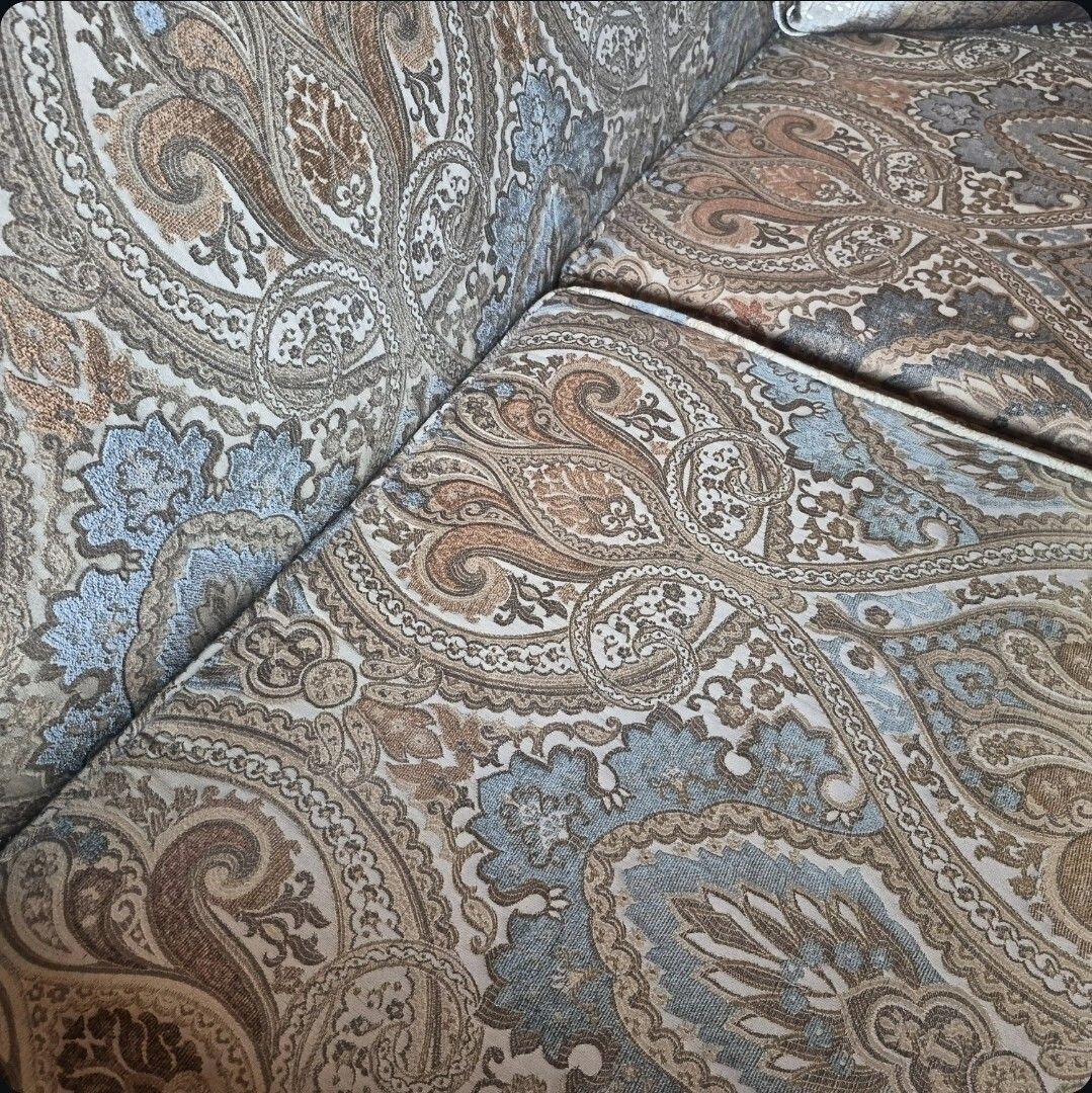 335.0 A Fab Vintage 1930 Art Deco Sily Damask Blues & Greens Oak Frame Two Seater Sofa photo