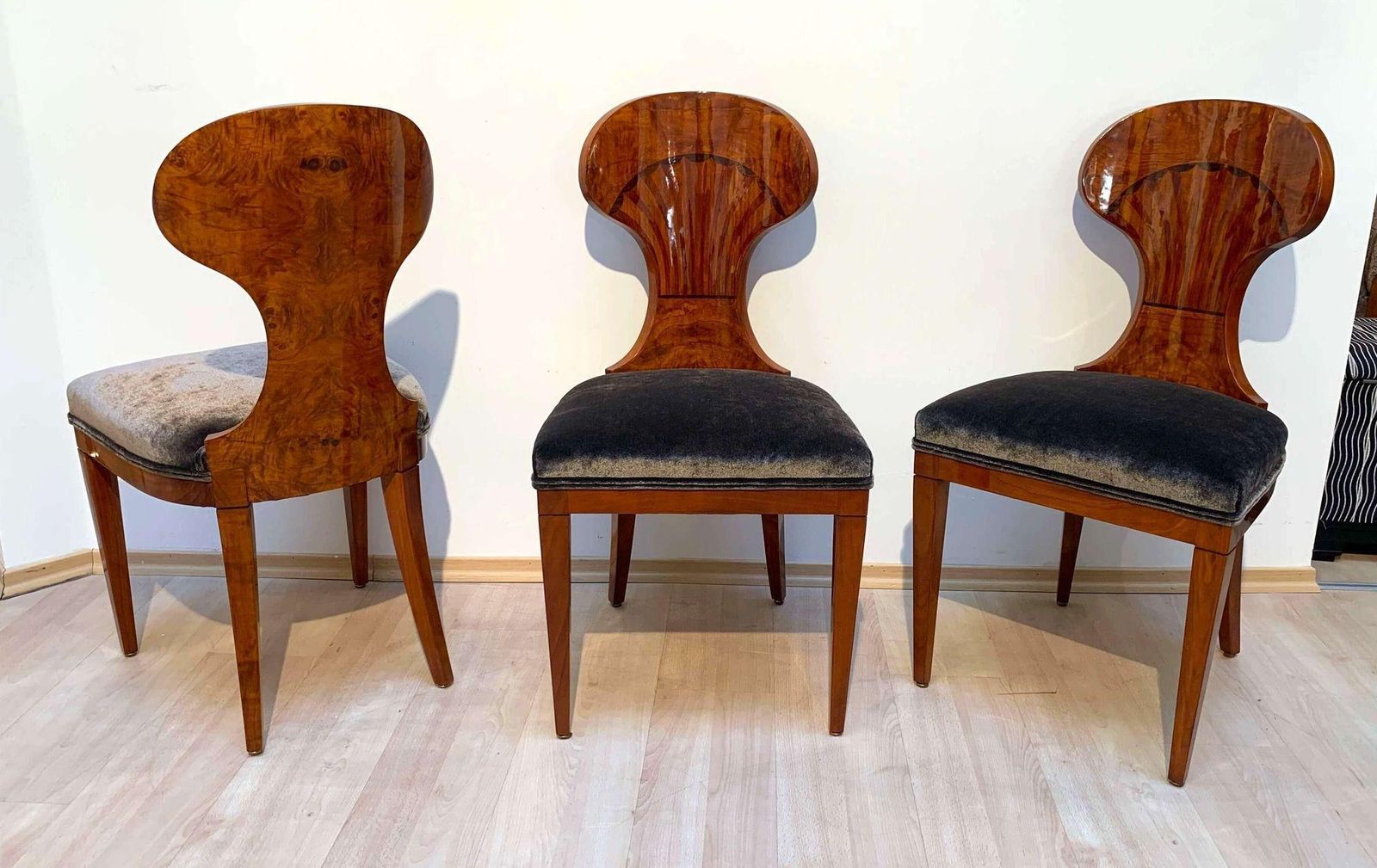 photo furniture Set Of Four Austrian Biedermeier Chairs, Ash Veneer, Grey Velvet, Circa 1890