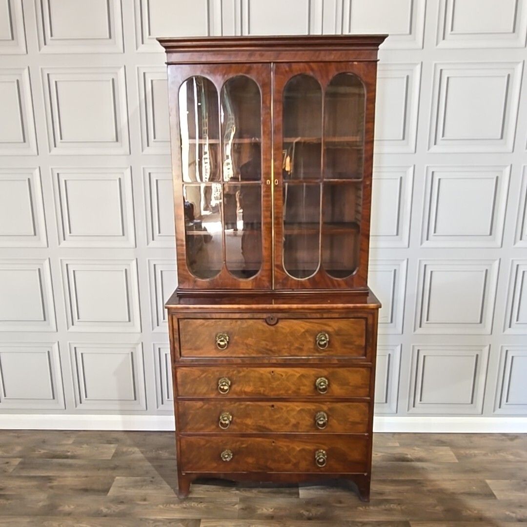 Antique Mahogany Library Bookcase Glazed Cabinet Secretaire Writing Desk Drawers photo furniture