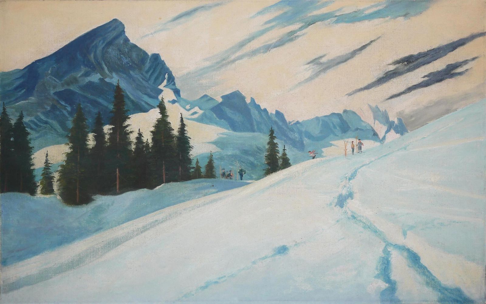 Antique Painting "Skiers In Garmisch, Alpspitze"   Early XX Century photo furniture