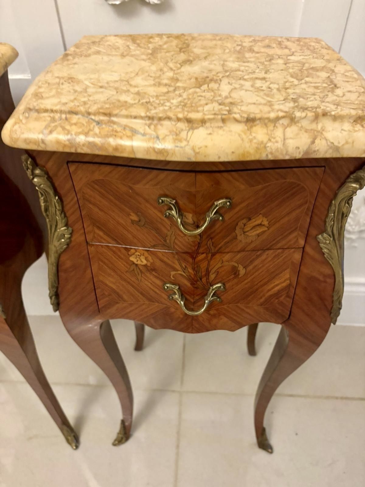 Exceptional Antique Pair Of Louis XV Style Kingwood And Marble Top Bedside Cabinets photo furniture