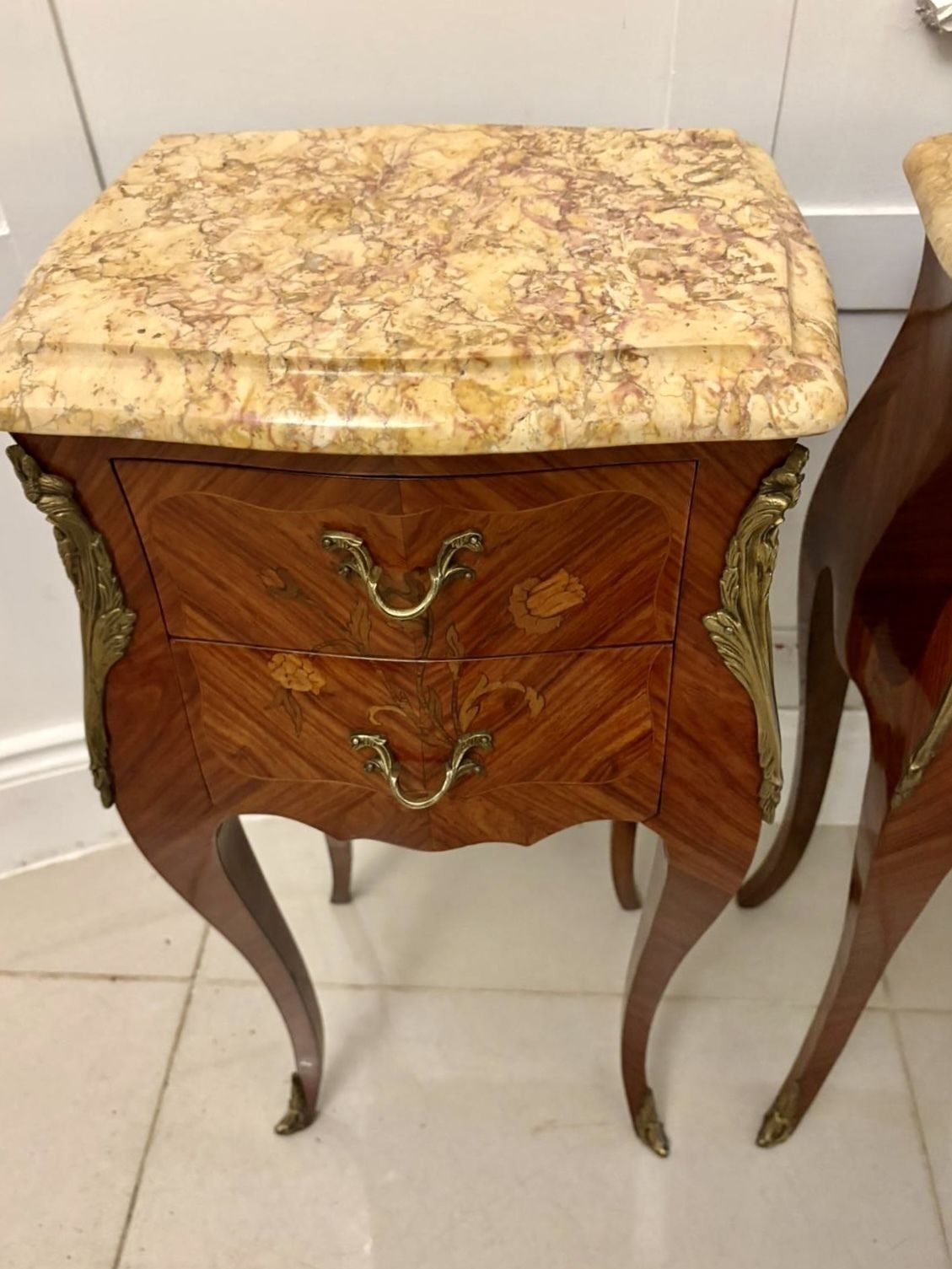 Exceptional Antique Pair Of Louis XV Style Kingwood And Marble Top Bedside Cabinets photo Furniture