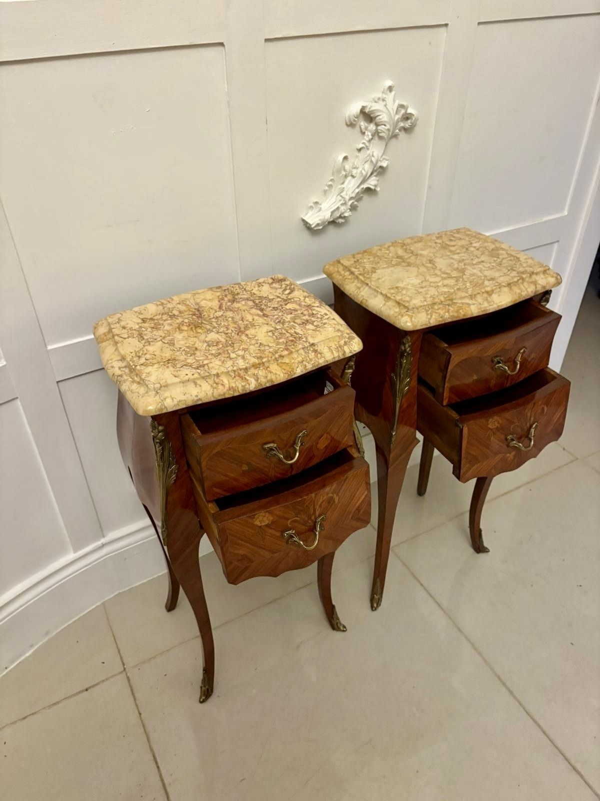 Exceptional Antique Pair Of Louis XV Style Kingwood And Marble Top Bedside Cabinets photo buy