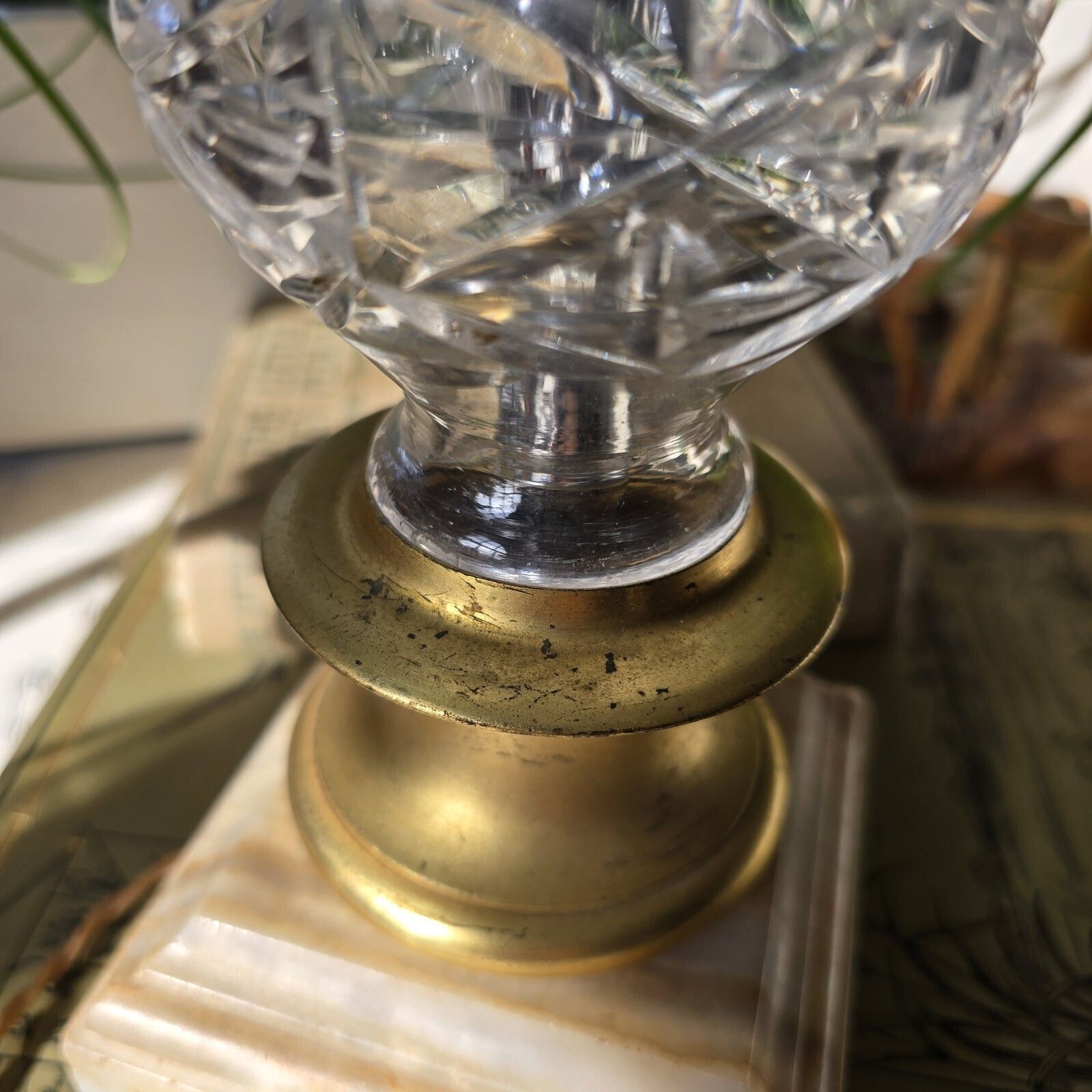 Vintage French Table Lamp Crystal Cut Onyx Marble Base Golden Details Rococo photo vintage