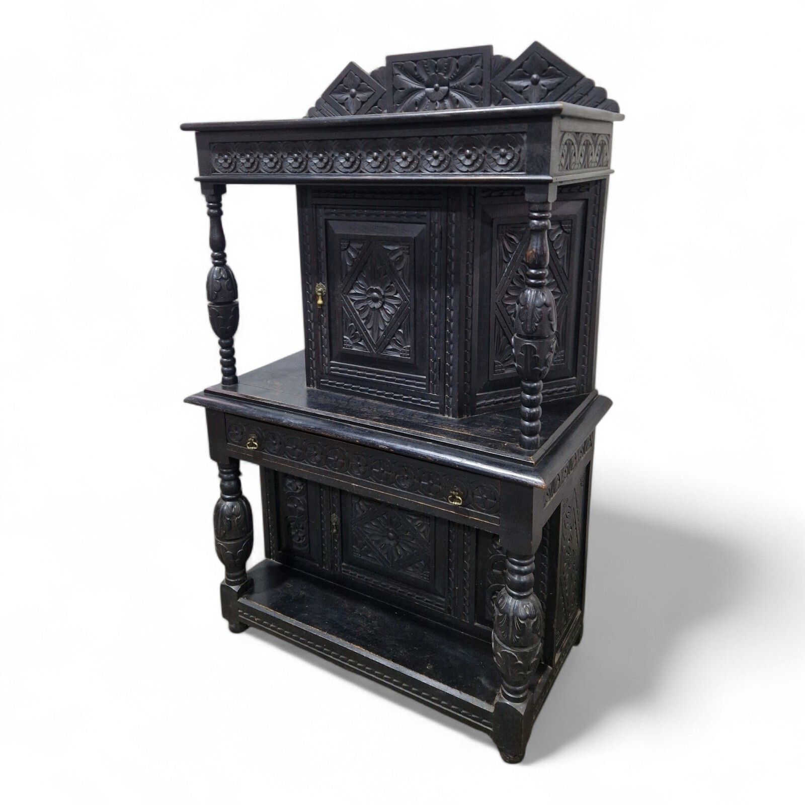 Antique Oak Court Cupboard   Heavily Carved Double Cupboard / Cabinet Ebonised photo Furniture