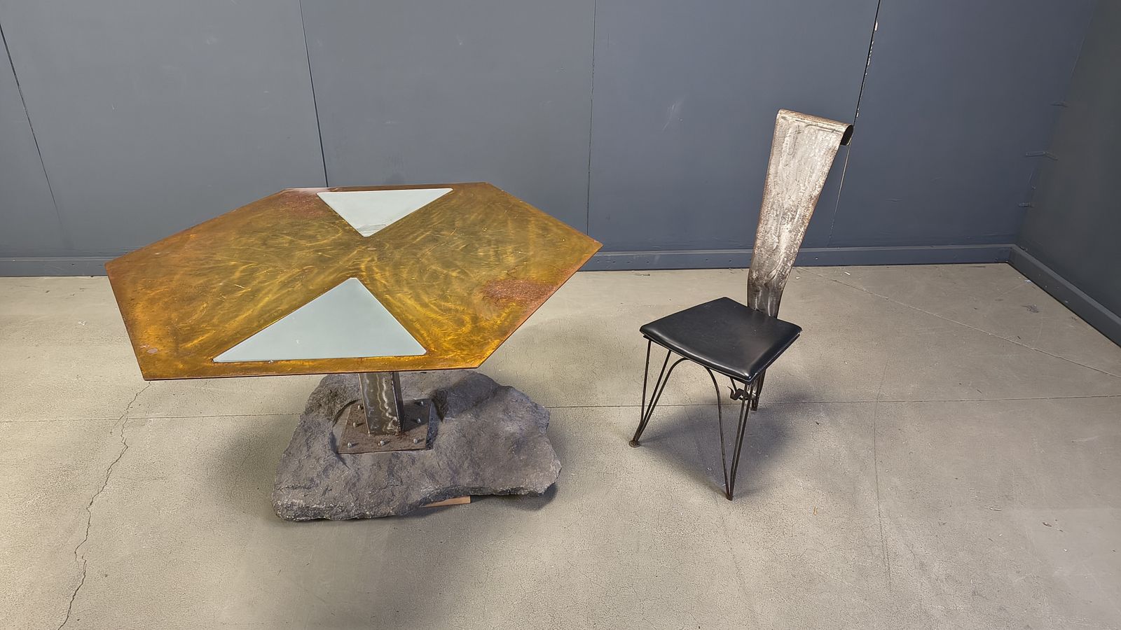 Furniture Hand Crafted Steel And Stone Dining Set, 1970s   Vintage Dining Set   Hand Crafted Dining Set   Post Modern Dining Table And Chairs photo