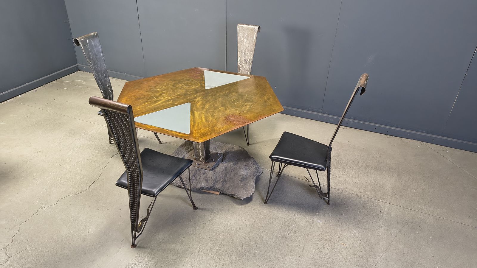 photo buy Hand Crafted Steel And Stone Dining Set, 1970s   Vintage Dining Set   Hand Crafted Dining Set   Post Modern Dining Table And Chairs