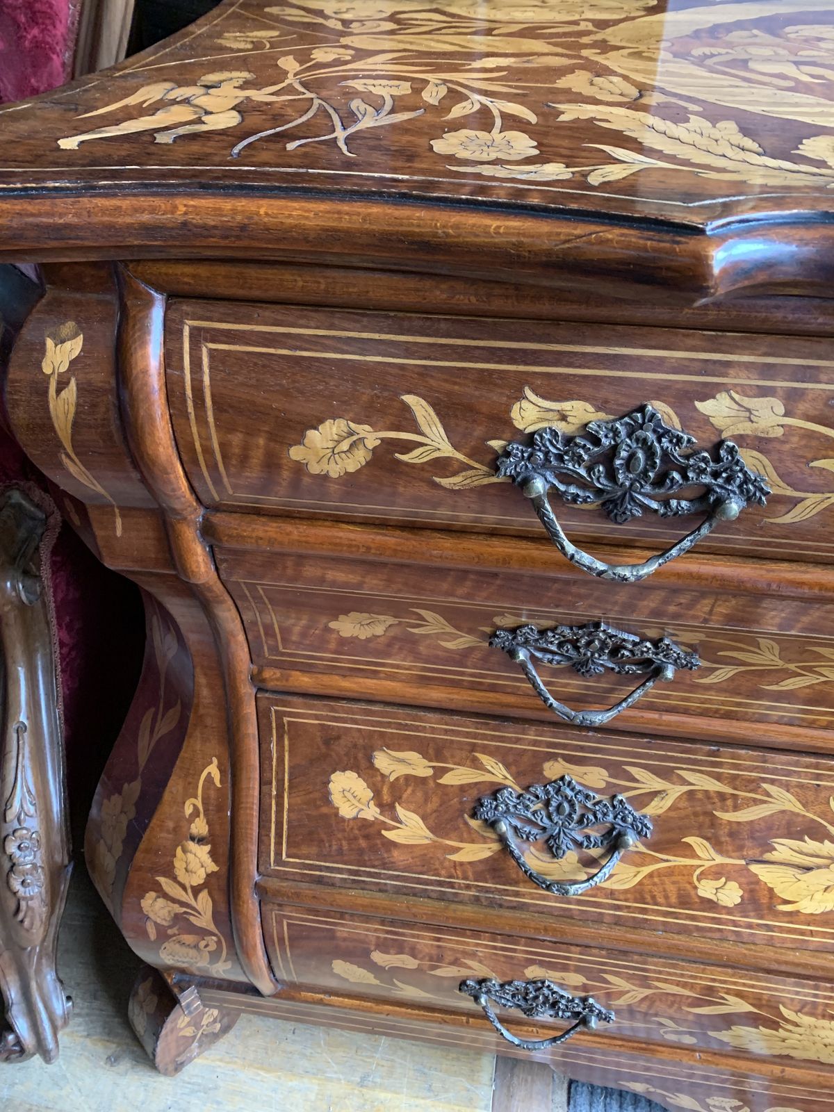 20th Century Marquetry Bombe Chest Of Drawers photo Furniture