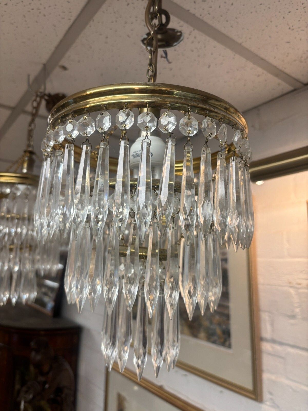 Pair Of 1970's French Style Three Tier Crystal Glass Spokes Chandeliers photo vinterior