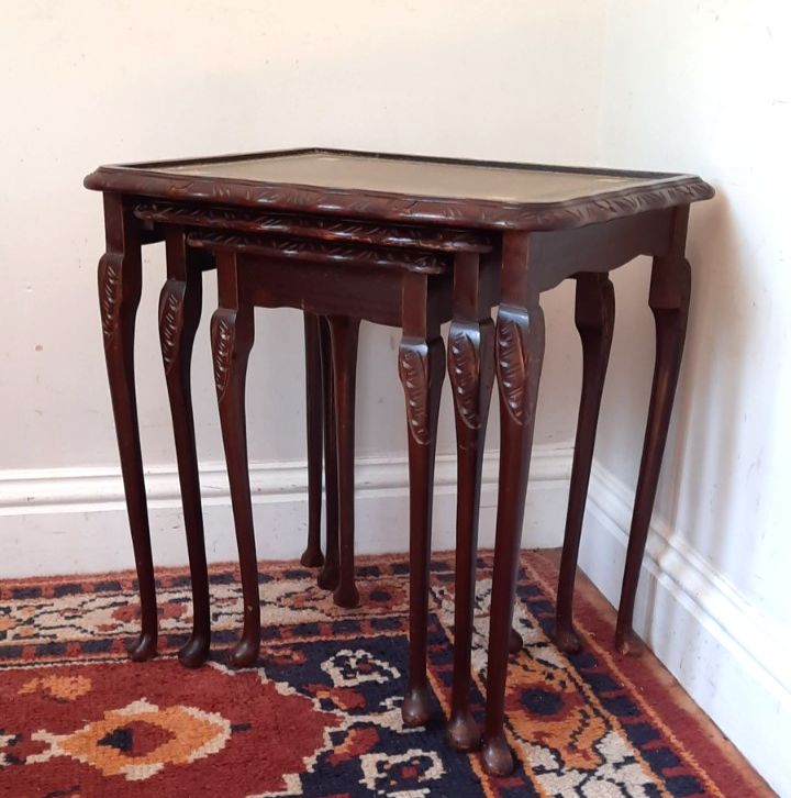Vintage Reproduction Nest Of Three Tables Green Leather Inlay Queen Anne Legs photo furniture
