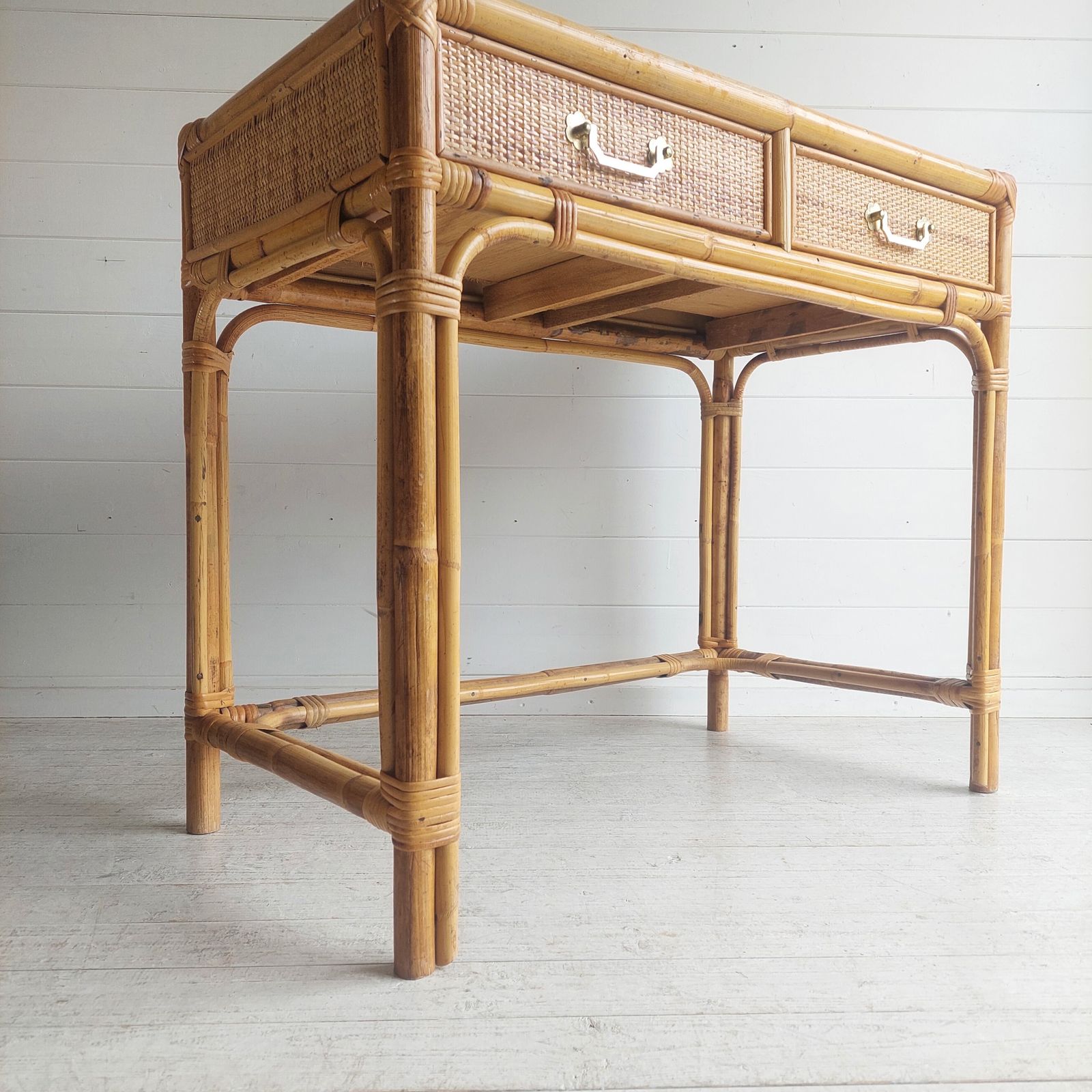 Mid Century Bamboo & Rattan Dressing Table Vintage Angraves Desk Console Table 70s photo vintage