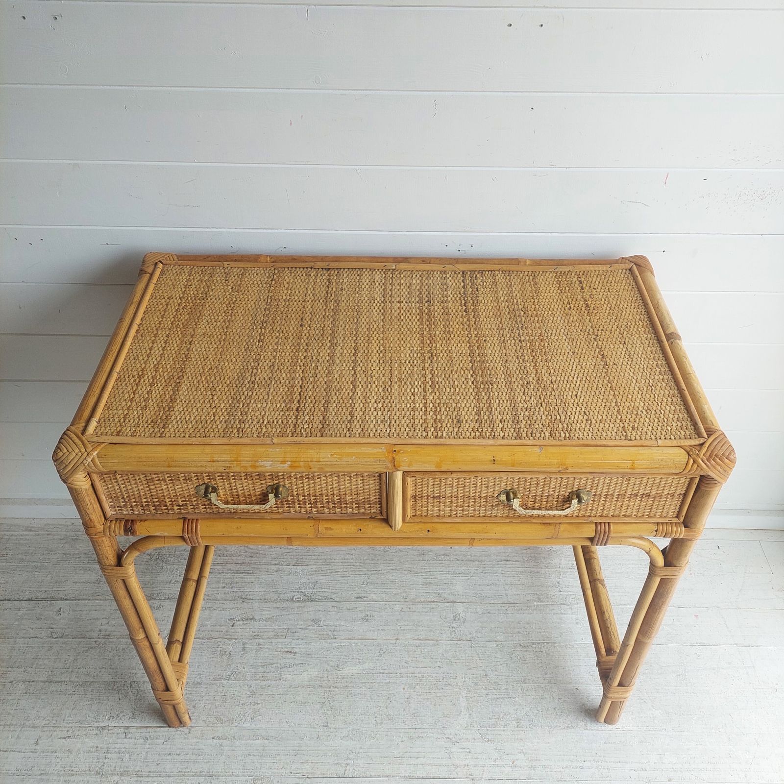 photo vinterior Mid Century Bamboo & Rattan Dressing Table Vintage Angraves Desk Console Table 70s