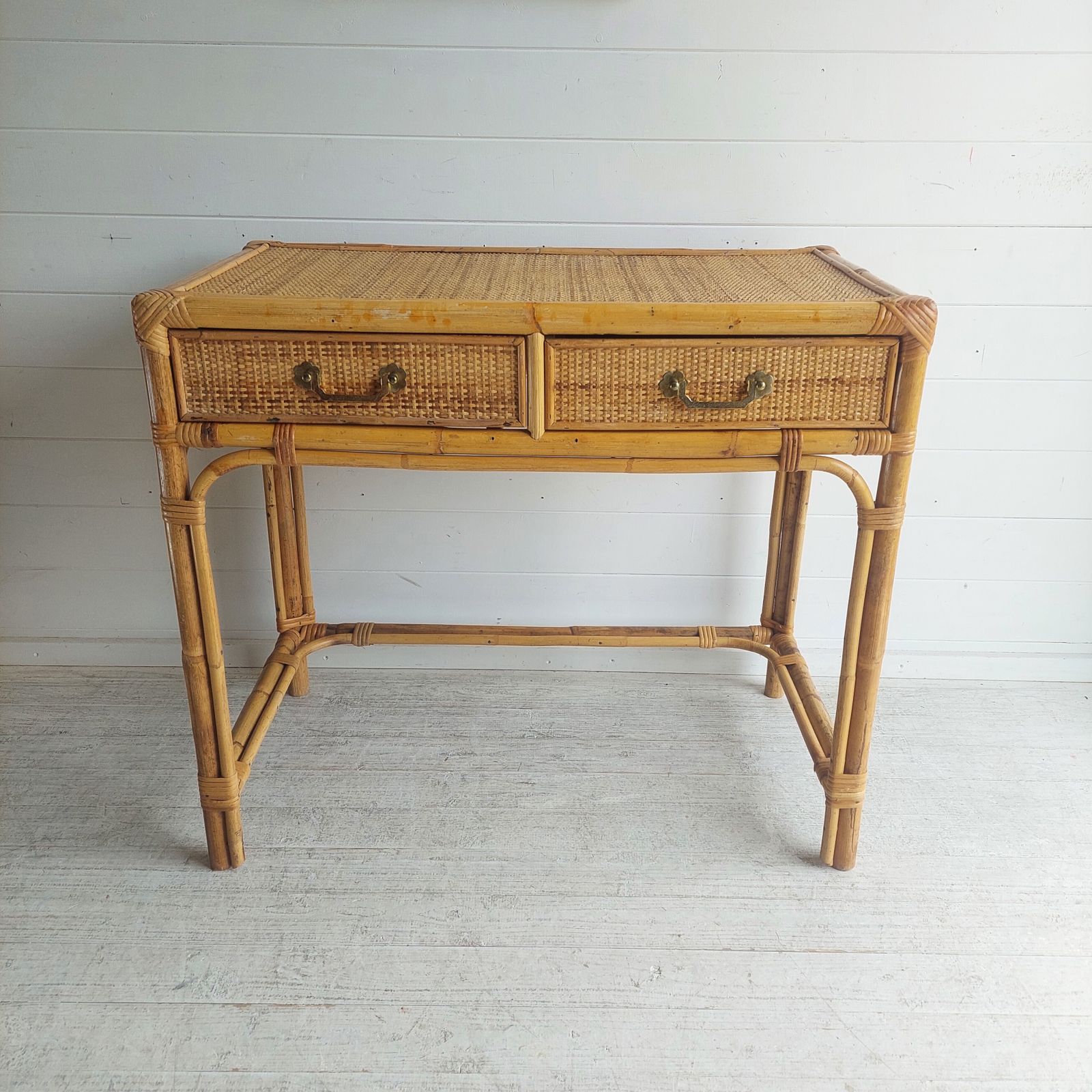 photo vintage Mid Century Bamboo & Rattan Dressing Table Vintage Angraves Desk Console Table 70s