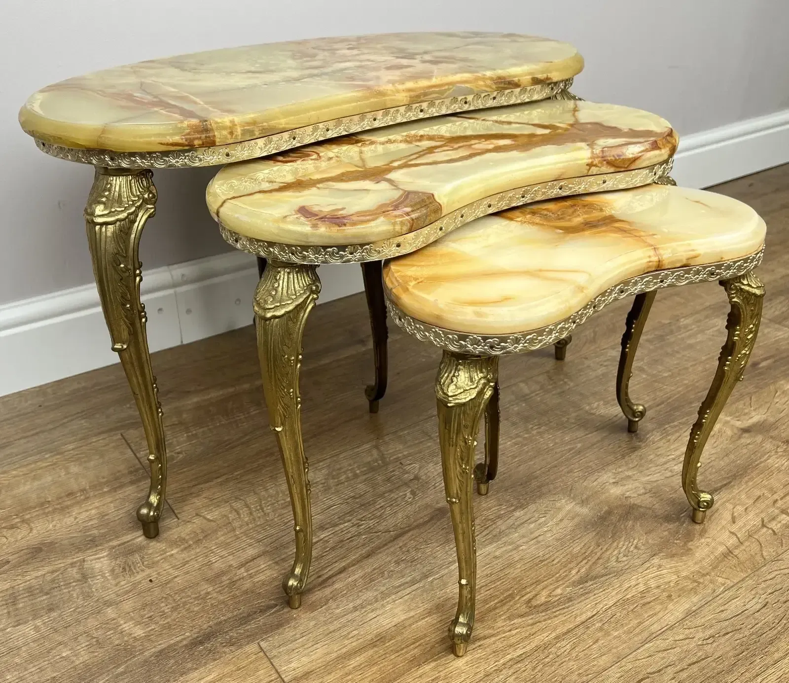 Nested Tables Vintage French Marble Onyx Brass Tables Set. photo furniture