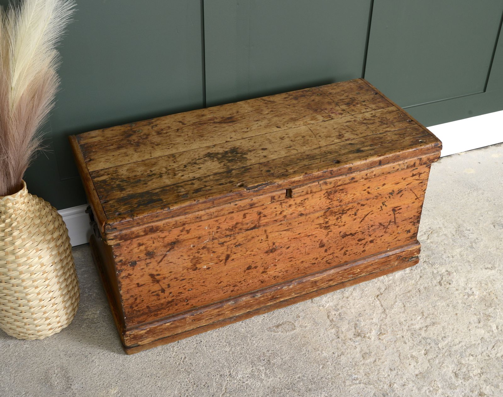 Antique Pine Trunk   Painted Ship photo for sale