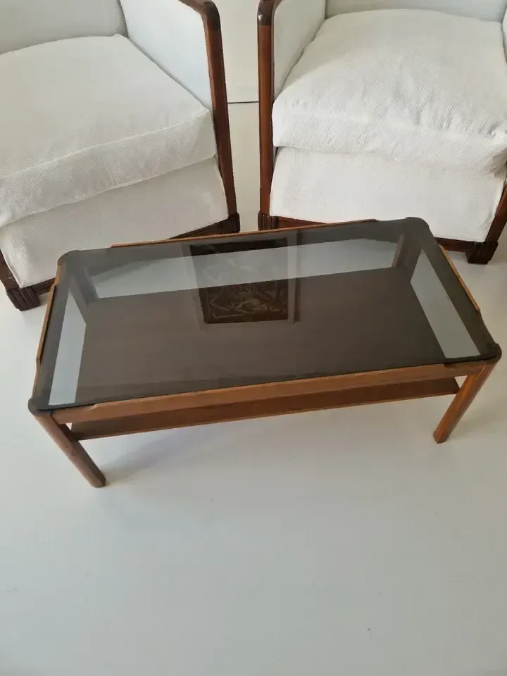 Vintage Mid Century Coffee Table Myer Teak And Smoke Glass photo for sale