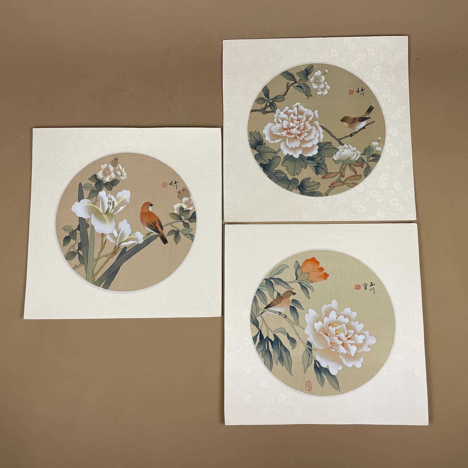 Trio Oriental Pictures Birds Flowers Hand Painted Silk Botanical Floral Unframed Asian Blossom Set Of 3 Paintings Mounted photo furniture