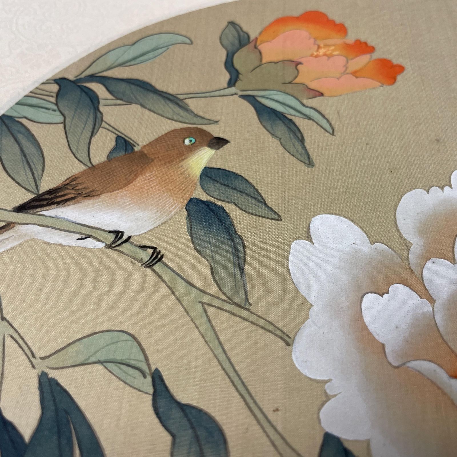 Trio Oriental Pictures Birds Flowers Hand Painted Silk Botanical Floral Unframed Asian Blossom Set Of 3 Paintings Mounted photo vintage