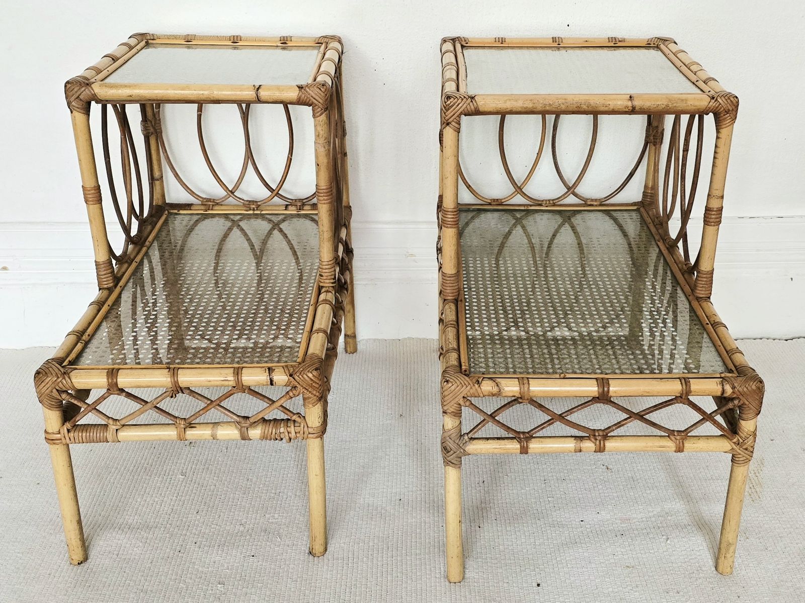 A Pair Of Mid Century French Bamboo & Glass Tiered Bedside Tables. photo furniture