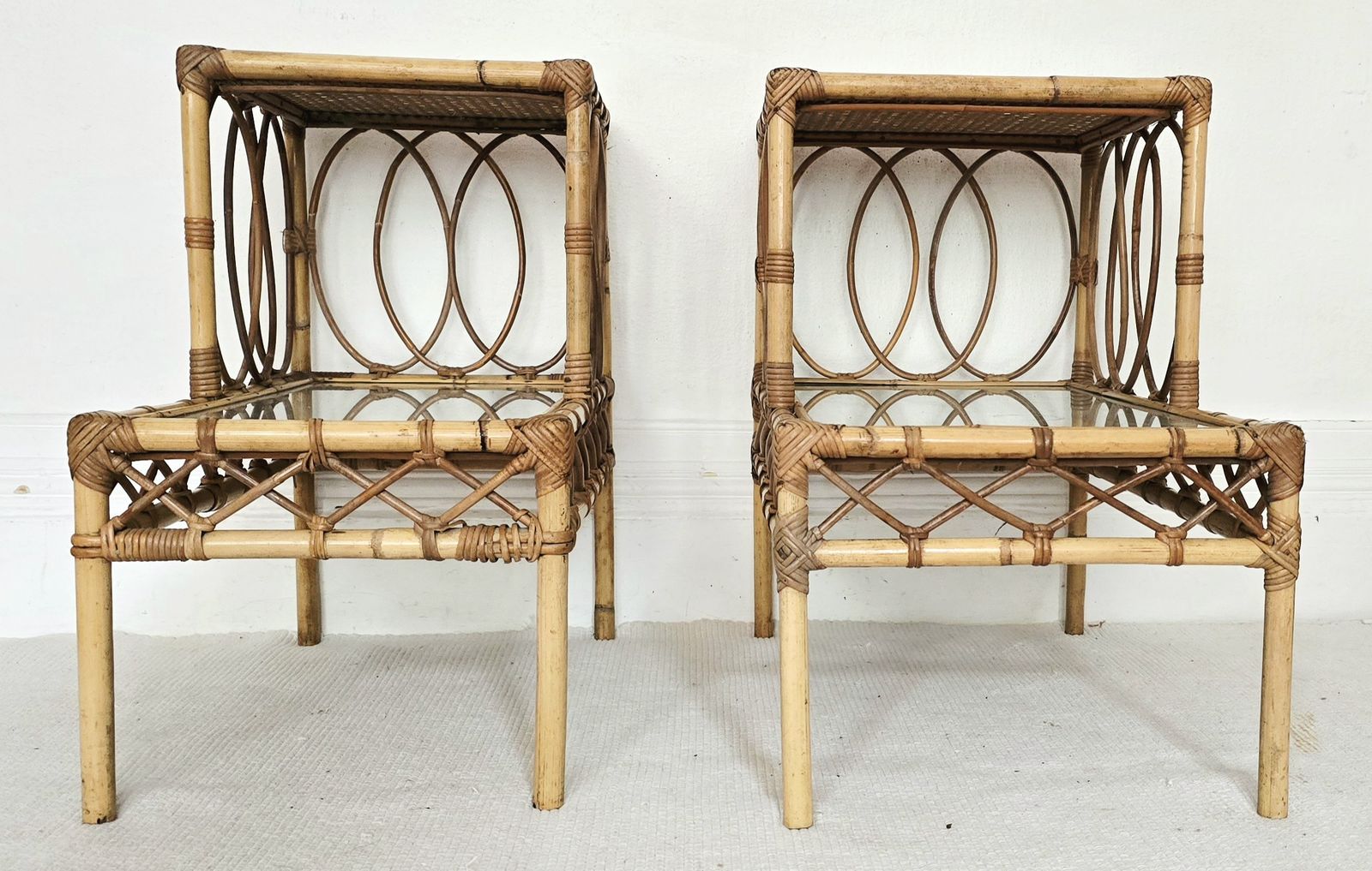 695.0 A Pair Of Mid Century French Bamboo & Glass Tiered Bedside Tables. photo