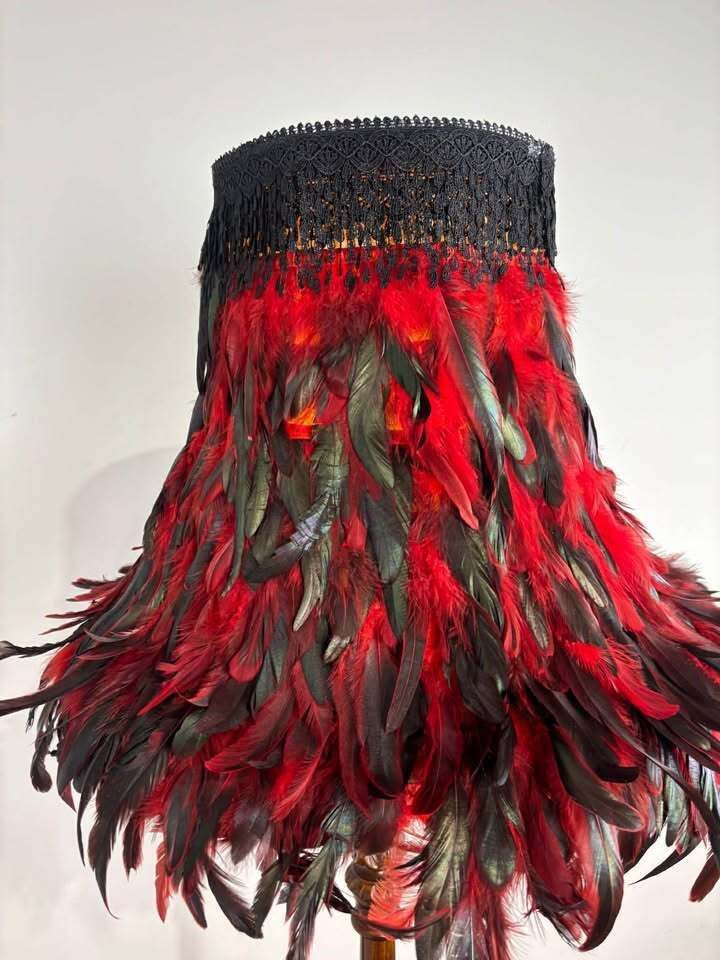 photo for sale Vintage Carved Standard Lamp With Handmade Feather Shade