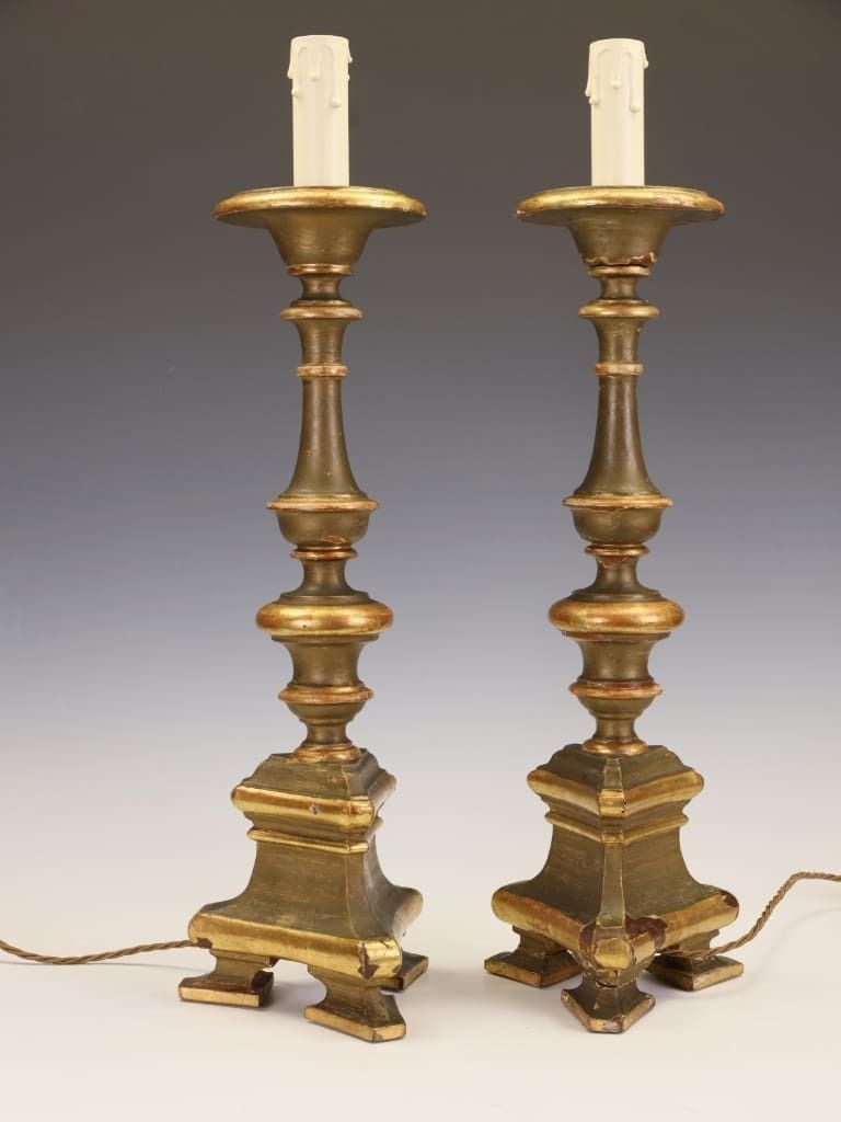 A Distinguished Pair Of 18th Century Giltwood & Polychrome Altarpiece Lamps photo for sale
