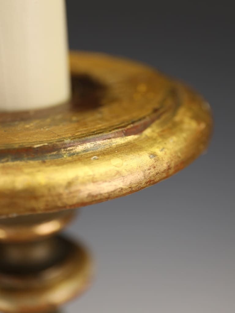 photo for sale A Distinguished Pair Of 18th Century Giltwood & Polychrome Altarpiece Lamps