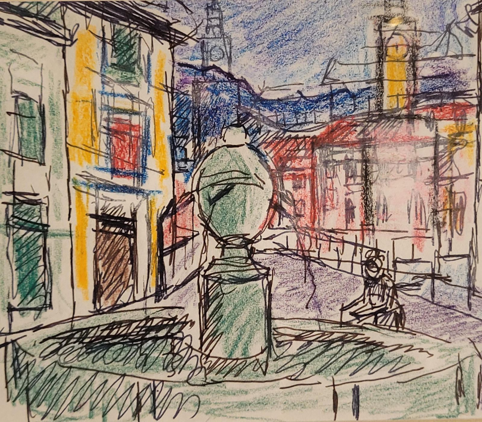 Alfred Salvignol French Village Street View With Fountain. Pastel On Paper. 23cm X 30.5cm. photo for sale