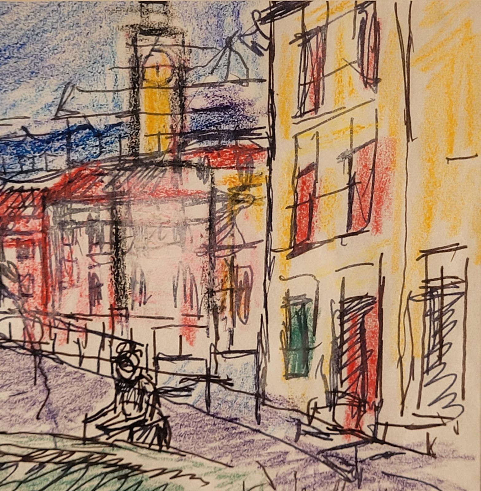 Alfred Salvignol French Village Street View With Fountain. Pastel On Paper. 23cm X 30.5cm. photo 311.0