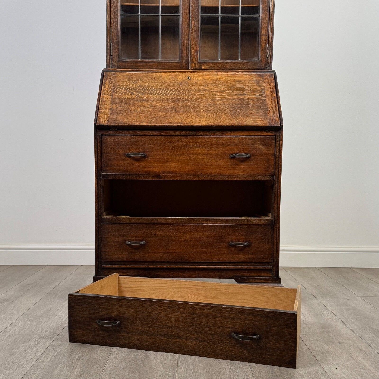 photo vinterior Antique 20th Century Edwardian Bureau Bookcase In Oak ( Af 5452 )