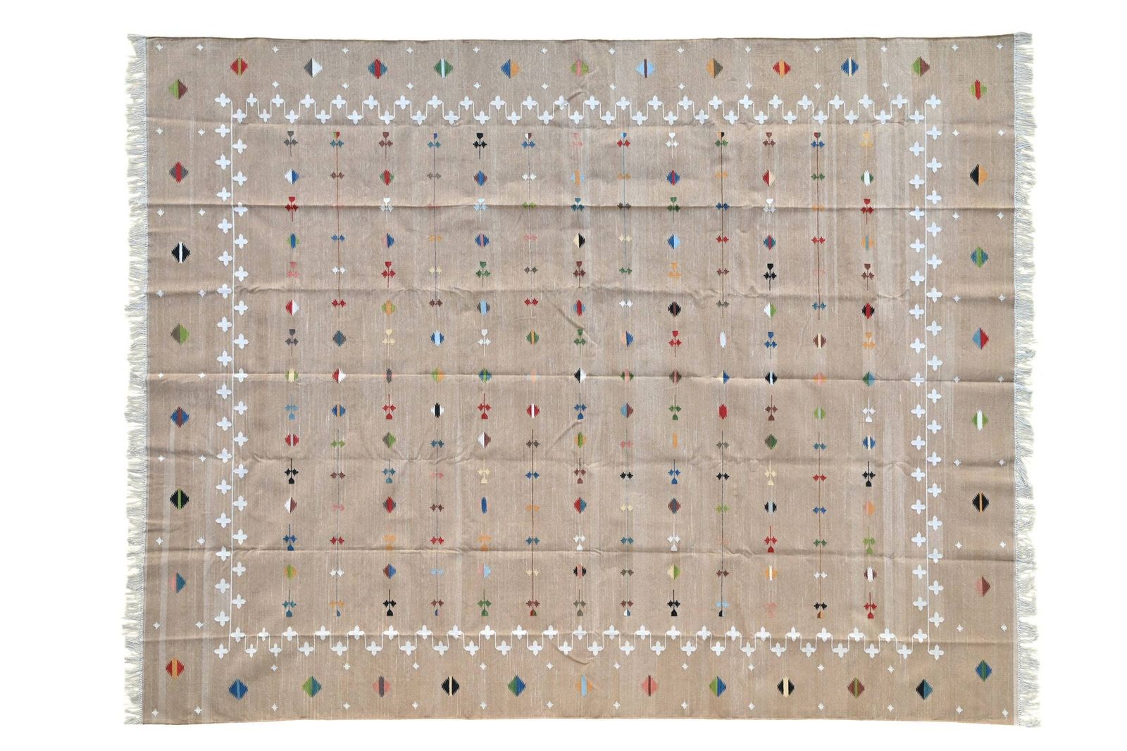 Handmade Cotton Dhurrie Rug: Khaki Galaxy, Reversible (10x14 In)