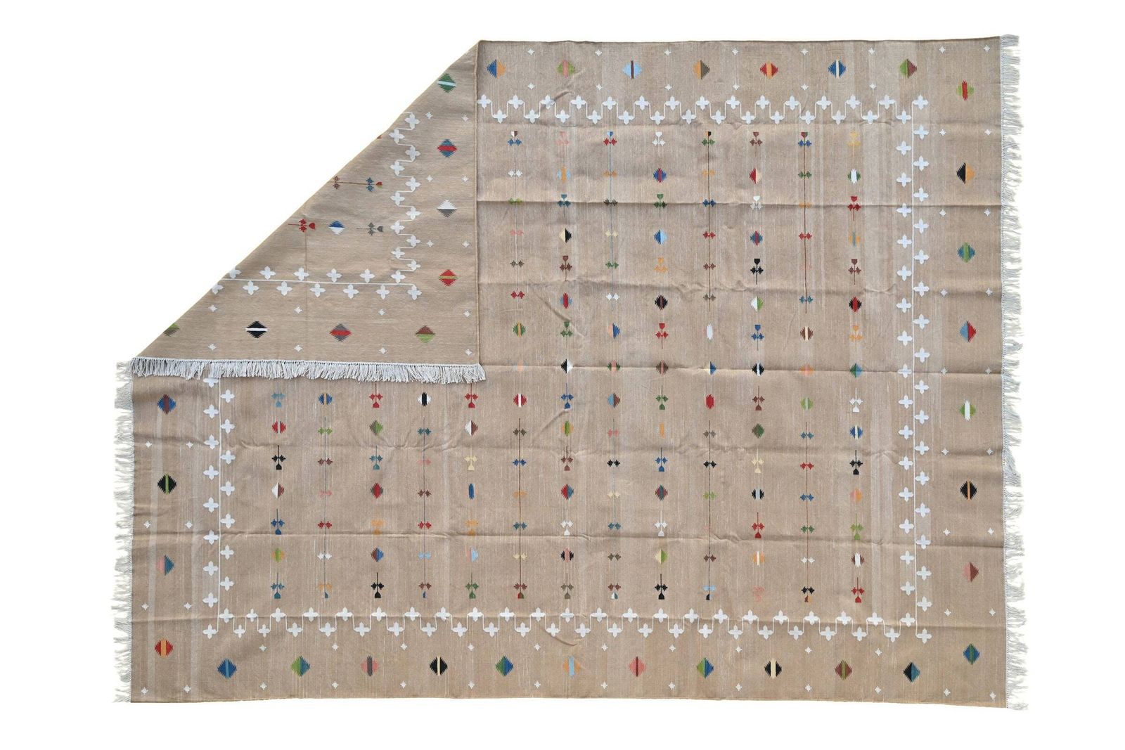 Handmade Cotton Dhurrie Rug: Khaki Galaxy, Reversible (10x14 In) photo furniture