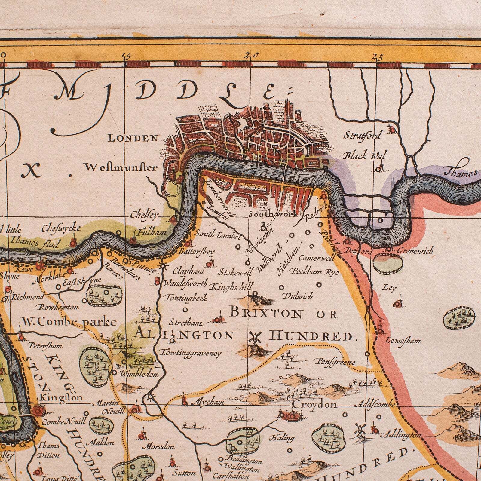 Art Antique Map Of Surrey, English, Framed County Cartography, After Blaeu, C.1690 photo