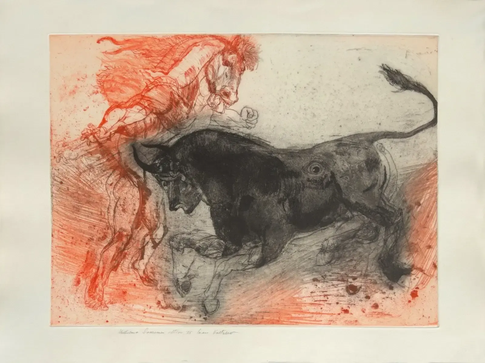 Ivan Valtchev   Original Signed And Dedicated Engraving, Bull And Man Art