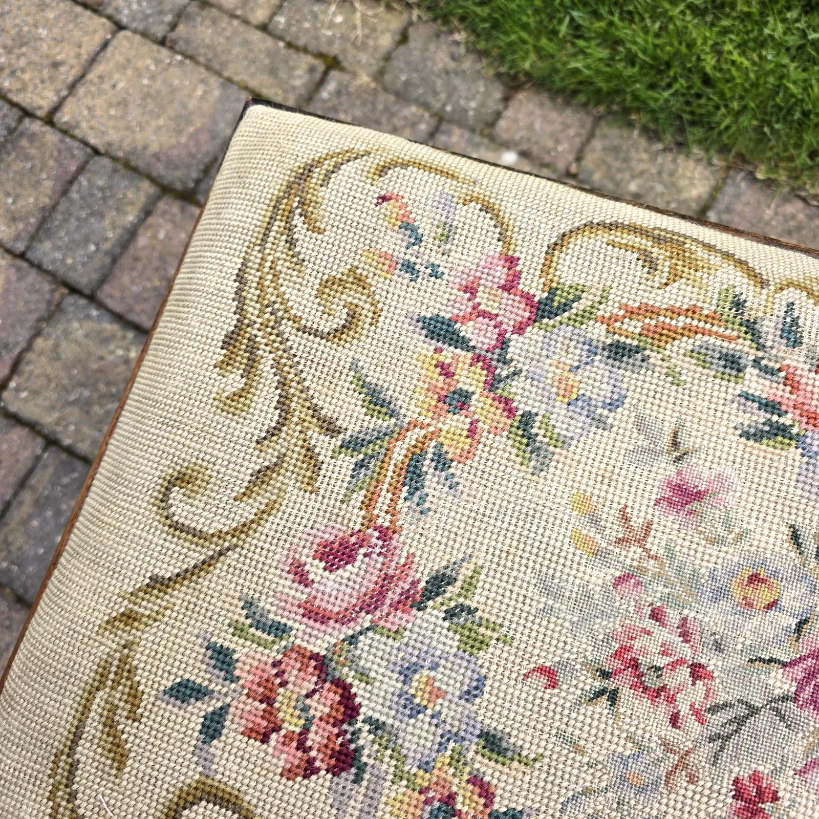 Vintage Wooden Stool Bench Tapestry Woven Floral Arts & Crafts Cottagecore 60 Cm photo buy