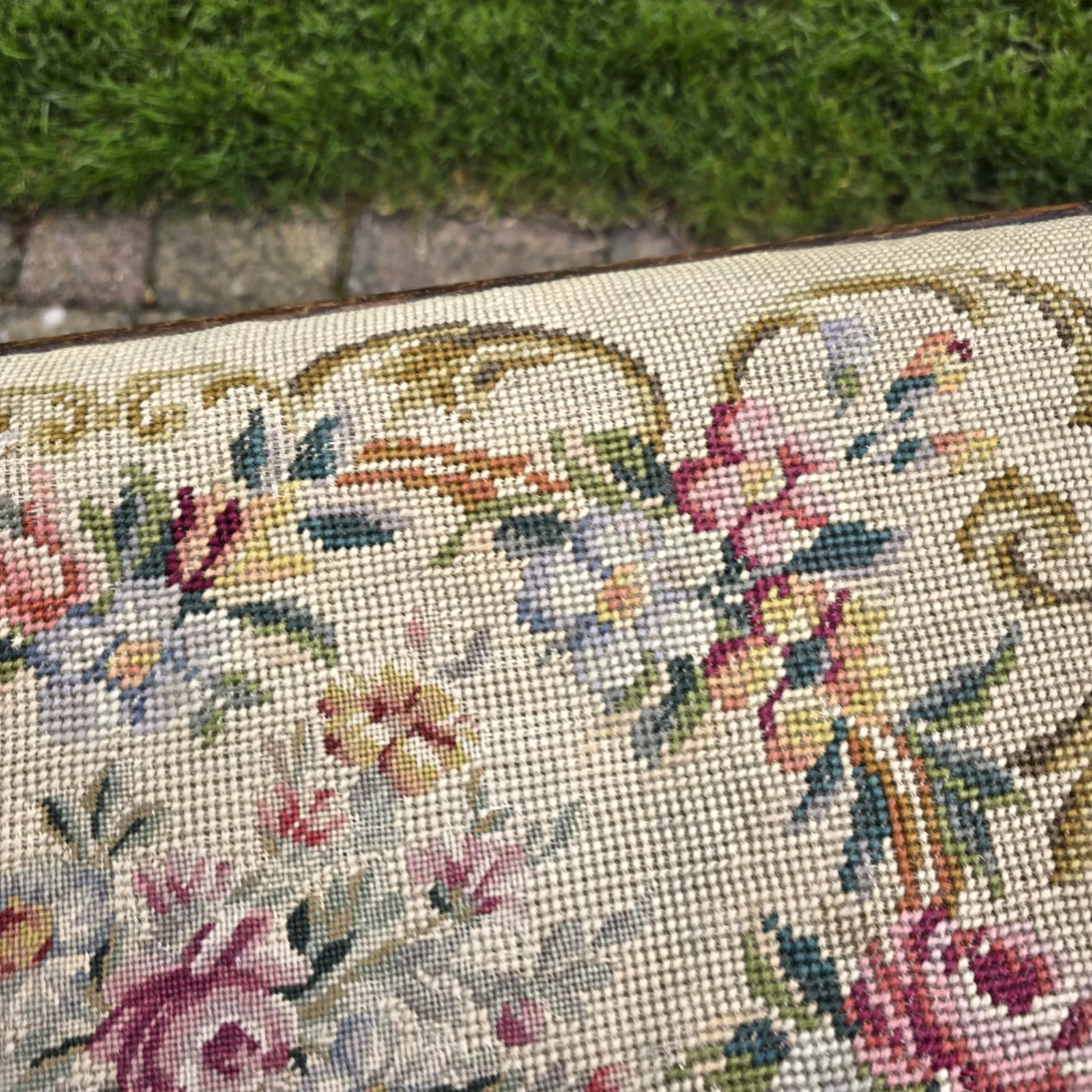 Vintage Wooden Stool Bench Tapestry Woven Floral Arts & Crafts Cottagecore 60 Cm photo vintage