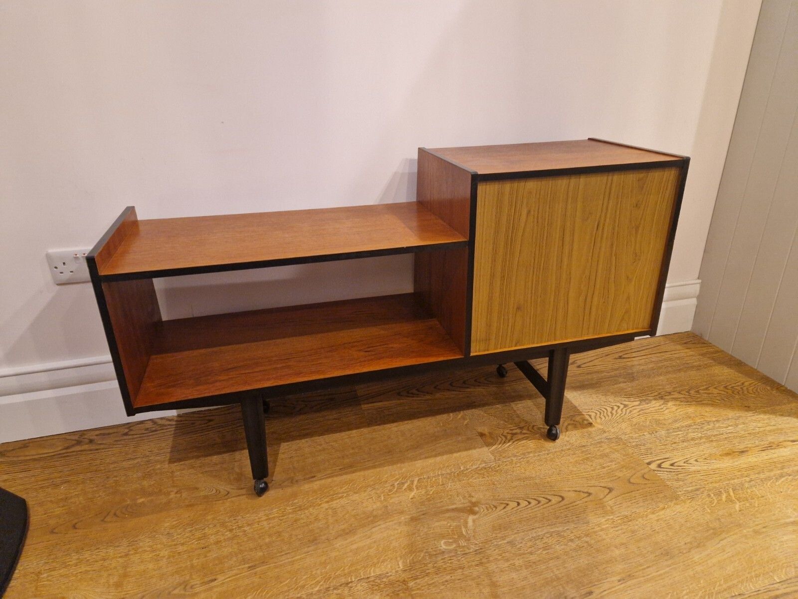 photo buy Refurbished Mid Century Modern Teak Record & Media Cabinet With Black Accents