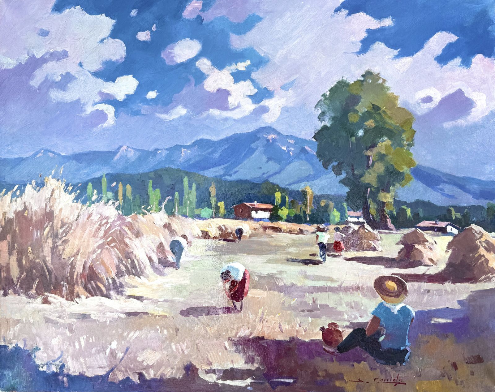 Large Catalan Harvest Landscape Painting Pyrenees Olot School Figures Oil