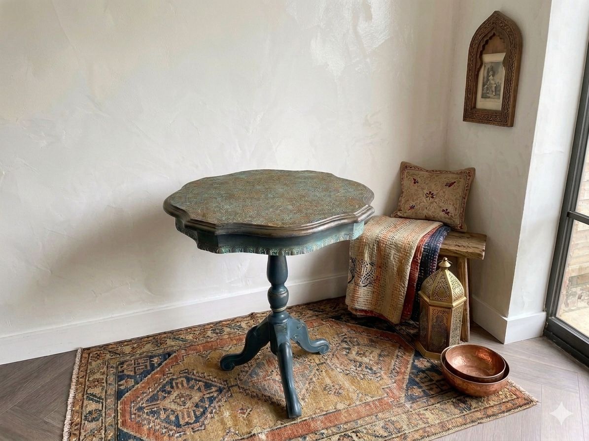 Pedestal Table, Hand Painted Teal photo furniture