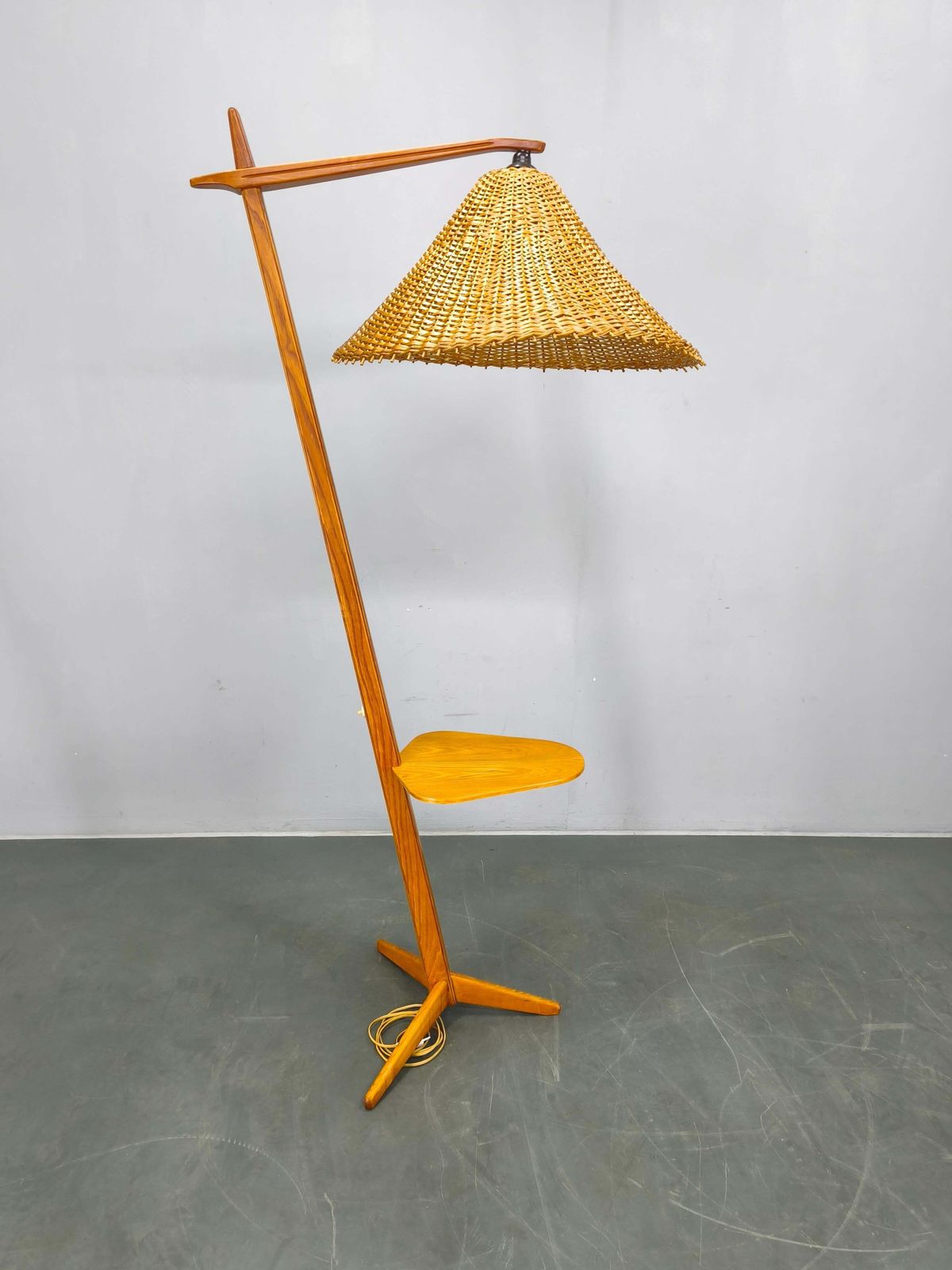 Mid Century Floor Lamp With Rattan Shade, Czechoslovakia, 1960s photo for sale