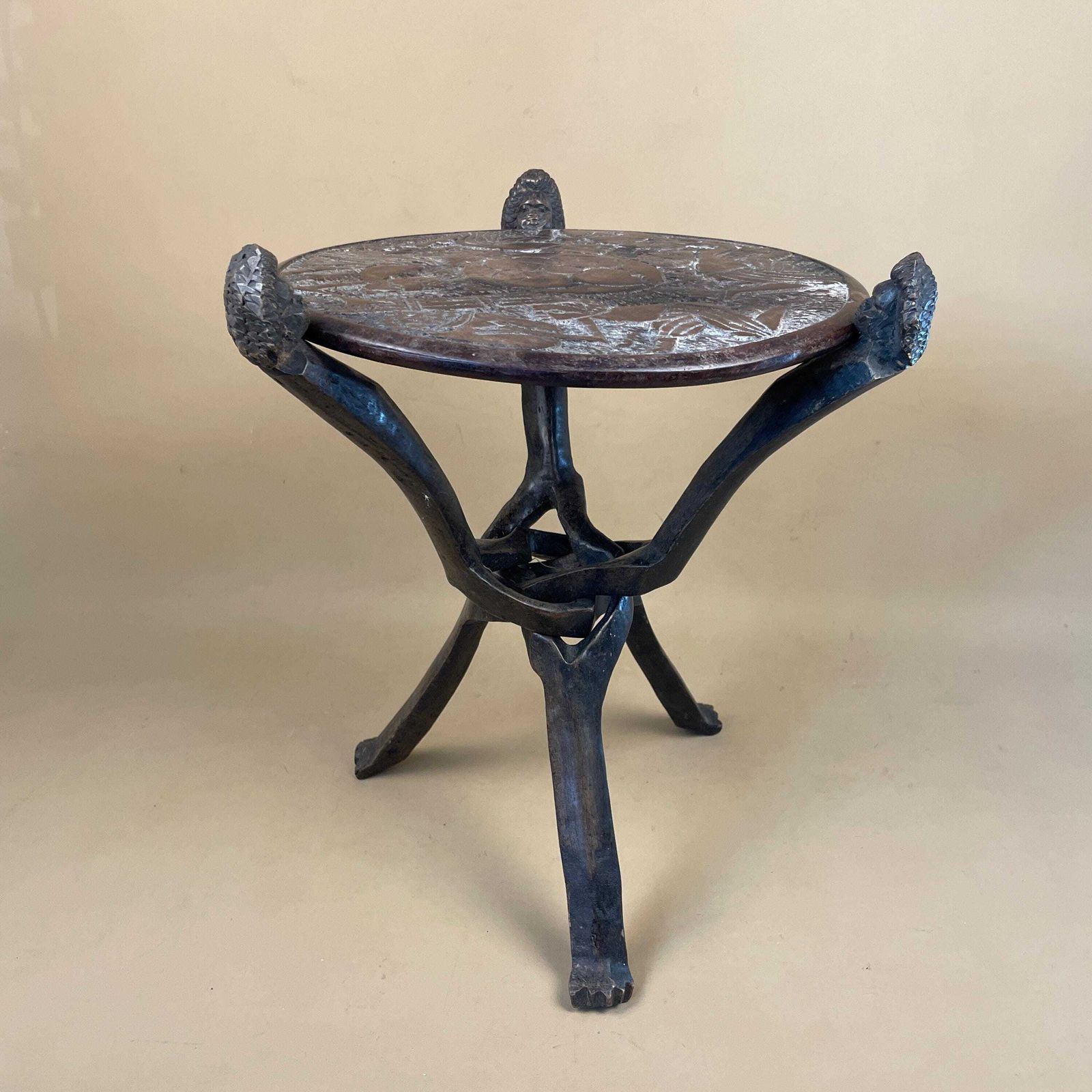 Antique Round Wooden African Handmade Table Wood Furniture Circle Brown Hallway Plant Stand Patterned 37.5x35cm Vintage Engraved Fold Down photo 85.0