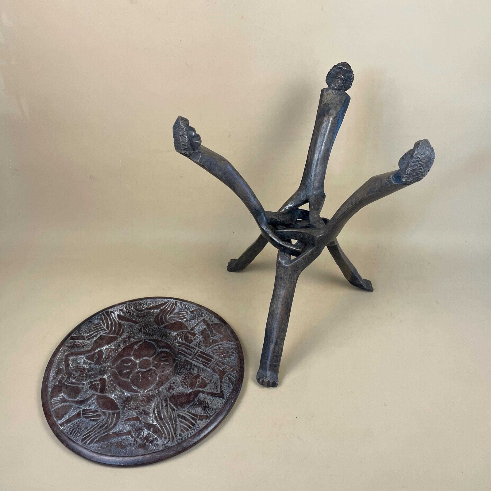 photo for sale Antique Round Wooden African Handmade Table Wood Furniture Circle Brown Hallway Plant Stand Patterned 37.5x35cm Vintage Engraved Fold Down
