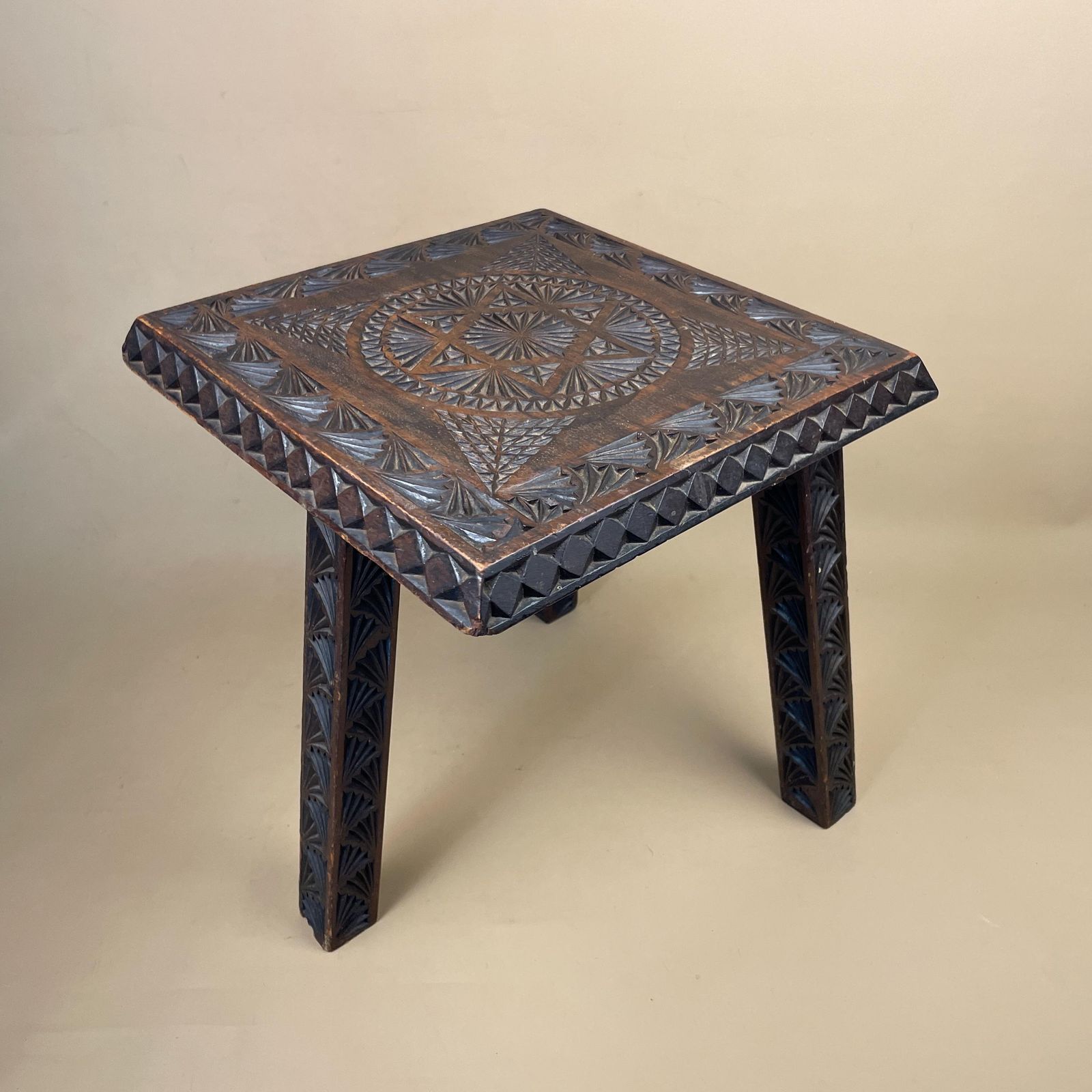 Hand Carved Wooden End Table Patterned Handcrafted Top Square Brown Table Vintage Decor Country Cottage Furniture Tripod Pattern 3 Legs Side photo for sale